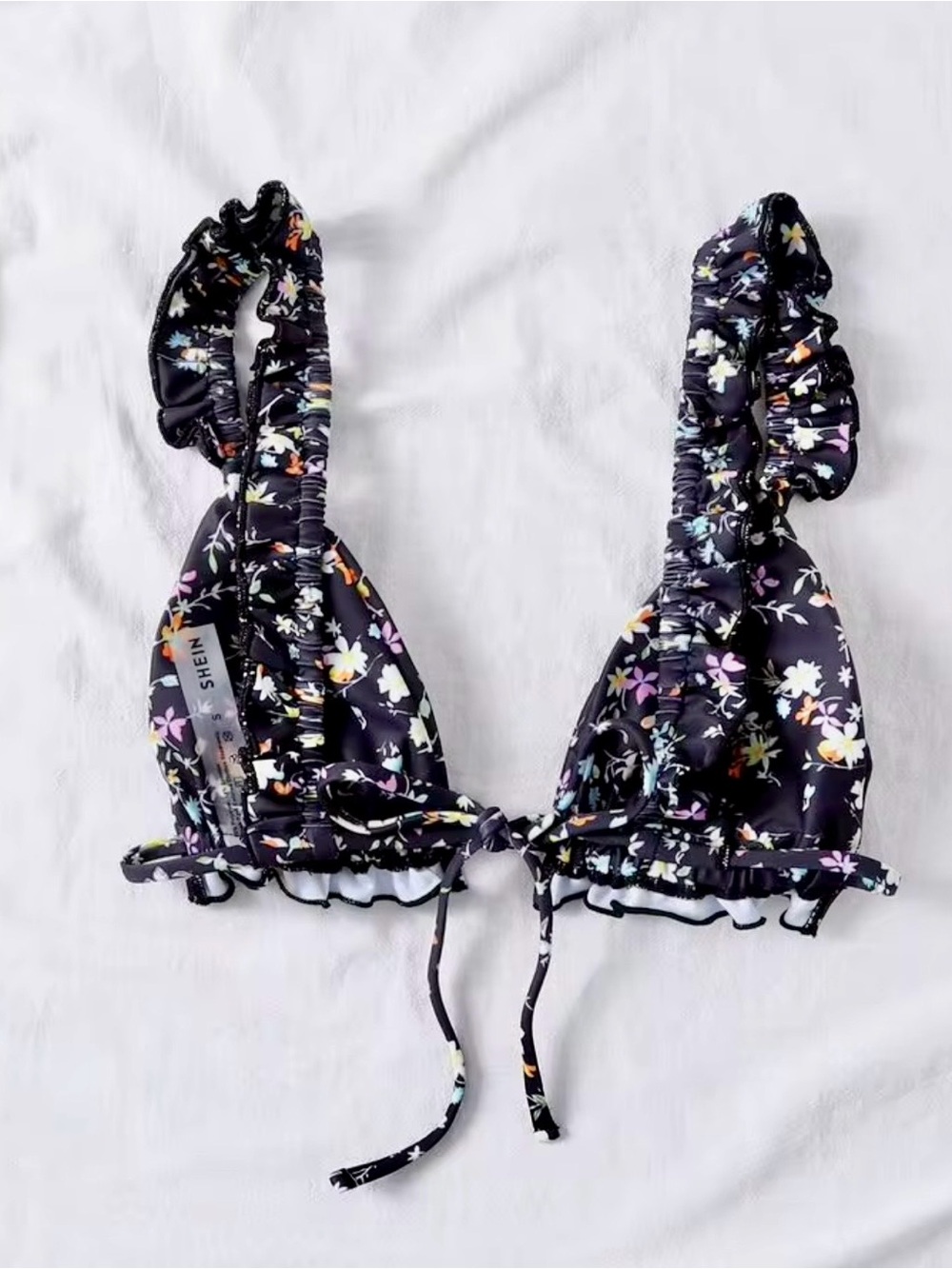 SHEIN Black Floral Ruffle Tie-Front Bralette - Picture 1 of 5